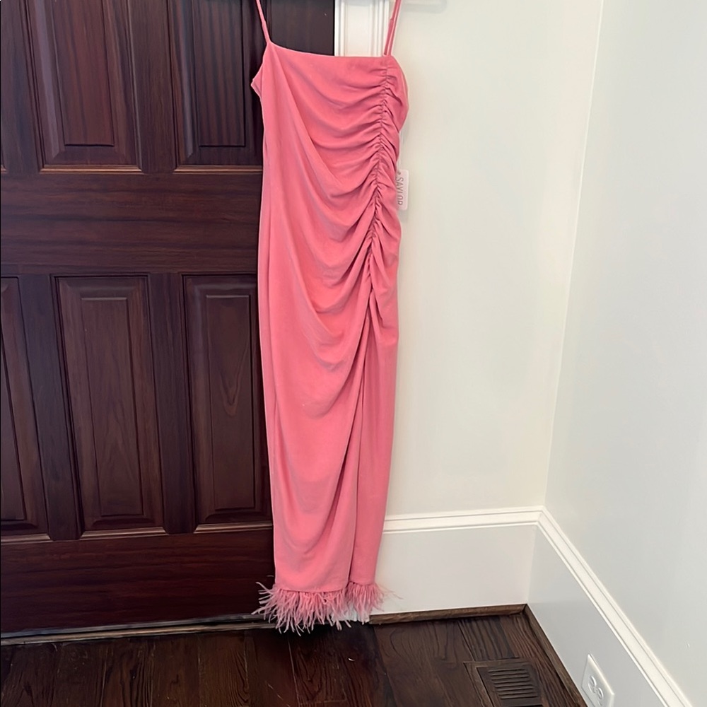 Saylor Chic Pink Prom Dress with Feather Trim